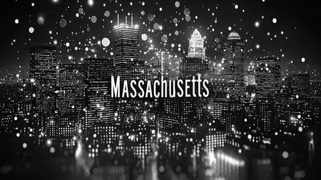A captivating view of the Massachusetts city skyline illuminated against a night sky with sparkling lights, capturing the essence of urban life and vibrancy.の素材