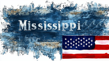 Hand-drawn illustration featuring the word 'Mississippi' with a textured background and an American flag. Captures regional pride and patriotic themes with artistic flair.の素材