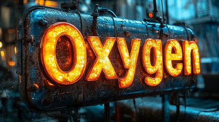 Close-up of glowing 'Oxygen' sign with neon light effect on a rugged industrial metal surface, evoking a vintage and atmospheric urban setting.の素材