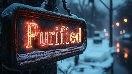 Close-up of a glowing 'Purified' sign with icy details in a snowy urban setting. The warm neon light creates a striking contrast against the cold winter backdrop.の素材