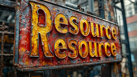 Close-up of a weathered industrial sign displaying the word 'Resource' in bold, distressed lettering. The rusty texture and vibrant colors convey a vintage, urban aesthetic.の素材