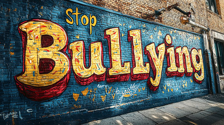 Colorful graffiti mural displaying the message 'Stop Bullying' on a brick wall. Promotes awareness and social change in an urban setting with bold, artistic text.の素材