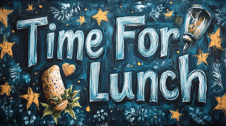 Creative hand drawn chalkboard art featuring 'Time For Lunch' lettering. Includes decorative elements like stars and a sandwich. Ideal for cafÃ© decor or food-themed designs.の素材