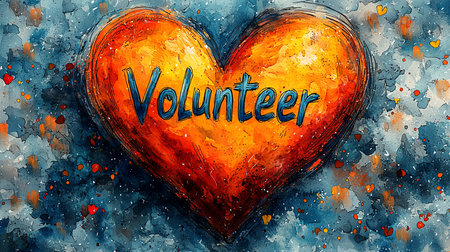 Vibrant heart illustration with 'Volunteer' text in a dynamic, artistic style. This artwork captures the spirit of service, compassion, and community in a colorful display.の素材