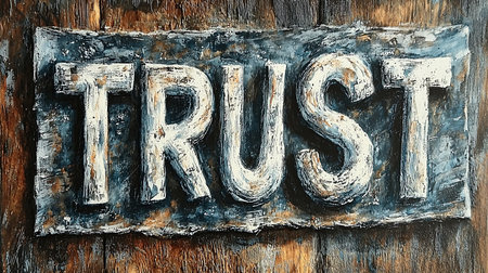 A hand-drawn artistic representation of the word 'trust' on a rustic, textured wooden background. The image conveys strength, reliability, and authenticity, perfect for representing trust in various contexts.の素材