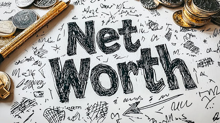 Artistic design featuring the words 'Net Worth' surrounded by coins and a pen. A creative representation of financial concepts and wealth accumulation.の素材