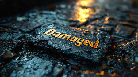 Close-up image of a cobblestone surface with the word 'Damaged' glowing amidst wet, reflective surfaces. The light creates a dramatic, moody atmosphere.の素材