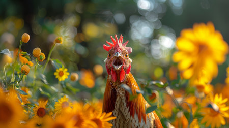 A colorful rooster with quirky feathers stands amidst blooming sunflowers, creating a lively and cheerful scene perfect for nature and animal-themed visuals.の素材