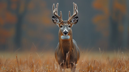 A powerful white-tailed deer buck with velvet-covered antlers stands gracefully in an autumn field, radiating strength and serenity amidst the fall foliage. Perfect representation of nature's beauty and wilderness.の素材