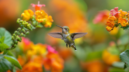 A stunning xantus's hummingbird delicately hovers among vibrant orange and pink flowers, capturing the essence of nature's beauty in Baja California, Mexico.の素材