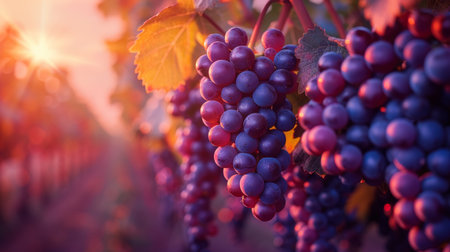 Close-up of purple grapes hanging on the vine in a vineyard at sunset. Capturing the essence of an autumn harvest with warm, glowing sunlight.の素材