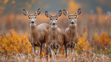 A captivating image of three white-tailed bucks standing alert in a serene field, surrounded by the vibrant colors of autumn foliage.の素材