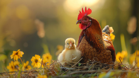 A vibrant rooster and adorable chick sitting together amidst a backdrop of bright yellow flowers, illuminated by warm sunlight, symbolizing family and nature's beauty.の素材
