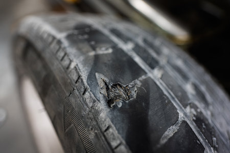 A detailed close-up image of a tire with noticeable damage to the tread, highlighting potential safety risks and maintenance needs for vehicle owners.の写真素材