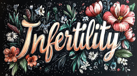 A hand-drawn floral illustration featuring the word 'infertility' surrounded by colorful flowers. Ideal for raising awareness and supporting fertility discussions.の素材