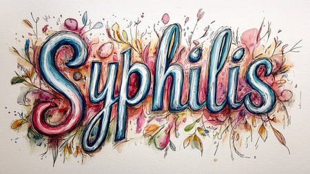 A colorful, hand-drawn illustration of the word 'syphilis,' surrounded by lively and abstract floral designs. The artwork combines medical terminology with artistic expression.の素材