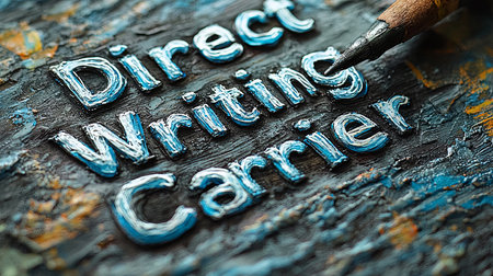 Close-up of embossed lettering reading "Direct Writing Carrier" highlighted by a pencil. The textured background adds an artistic and abstract quality to the composition.の素材