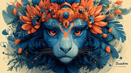 A colorful artistic portrayal of a lion adorned with a floral crown, symbolizing strength and beauty, perfect for Dussehra festival imagery. The design intricately blends tradition with modern aesthetics.の素材