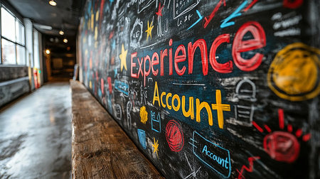 A vibrant and artistic chalkboard wall features colorful hand-drawn lettering of the words 'Experience Account,' symbolizing creativity, inspiration, and innovation in a dynamic workspace environment.の素材