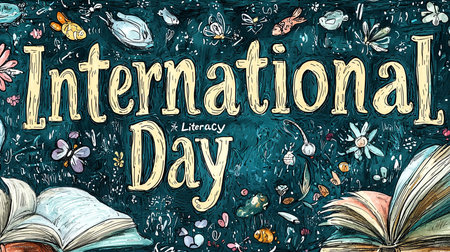 Artistic illustration featuring hand-drawn lettering for International Literacy Day, surrounded by colorful books and whimsical flowers. Perfect for educational and literary-themed projects.の素材