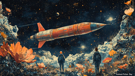 A vibrant science fiction scene showcasing a large rocket flying over a starry sky, with two explorers in a colorful alien landscape filled with blossoms.の素材