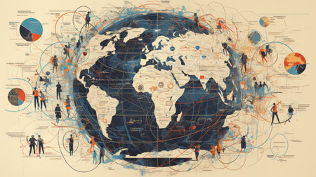An abstract representation of global connections on a world map, highlighting international networking, digital communication, and globalization concepts with stylized figures and data illustrations.の素材
