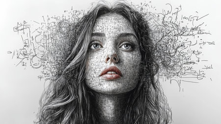 A unique image portraying a woman's face surrounded by abstract scribbles, symbolizing imagination and creativity. The artwork blends realism with conceptual design, showcasing emotional depth and inspiration.の素材
