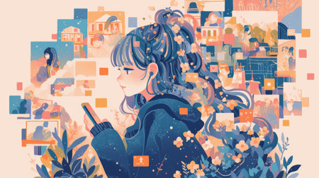 Illustrative depiction of a Generation Z girl deeply engaged with her smartphone, surrounded by digital memories and colorful designs reflecting her digital world.の素材
