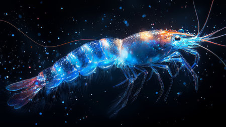 A stunning illustration of a glowing blue shrimp set against a dark, star-speckled background. The detailed artwork highlights the intricate patterns on the shrimpの素材