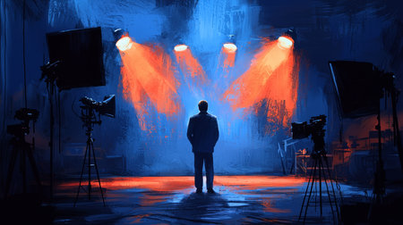 A lone man stands in a dramatic studio setting, surrounded by cameras and intense lighting. The bright stage lights create a powerful silhouette, emphasizing creativity and focus in a media environment.の素材