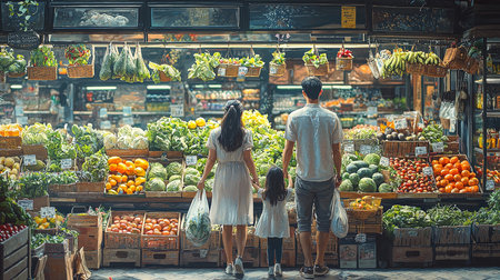 A joyful family of three exploring a vibrant market filled with fresh fruits and vegetables, promoting healthy living and togetherness.の素材