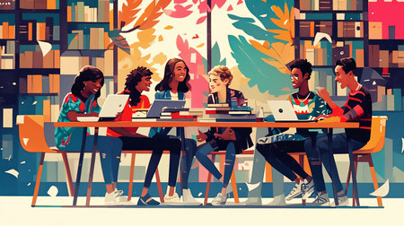 A diverse group of students collaborates at a library table, surrounded by books, laptops, and vibrant decor, fostering creativity and teamwork in an educational environment.の素材