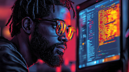 A dedicated programmer intensely focused on writing and debugging code on a desktop computer. The image captures the concentrated atmosphere of a tech workplace, showcasing technical expertise and innovation.の素材