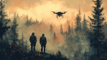 Two soldiers oversee a drone in a misty forest, highlighting military engineering and technology. The scene conveys a strategic and atmospheric reconnaissance mission.の素材