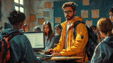 A university lecturer in a yellow jacket guides students during a classroom project discussion. The diverse group engages with learning, displaying focus and collaboration in an academic environment.の素材