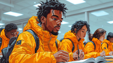A group of multi-ethnic students, wearing vibrant orange jackets, are intently taking notes in a bright, modern classroom environment, highlighting diversity and concentration in education.の素材