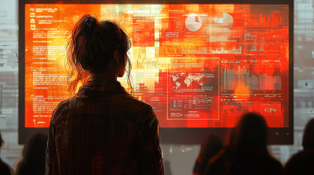 A confident female speaker presents complex data visuals on a large screen to an engaged audience, highlighting technological innovation and analytical expertise in a professional setting.の素材