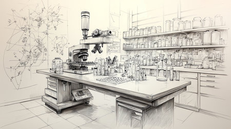 Intricate illustration of a state-of-the-art medical laboratory with a microscope and lab equipment. The setting includes shelves filled with bottles and a whiteboard with scientific diagrams.の素材