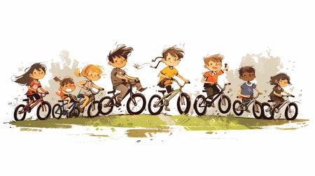 A lively illustration of cheerful children riding bicycles together. The kids enjoy a fun outdoor adventure, showcasing friendship and playful energy in a colorful setting.の素材