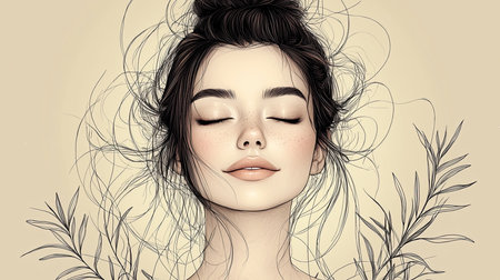 Illustration of an Asian woman with closed eyes, showcasing perfect skin and a calm expression surrounded by subtle botanical elements.の素材