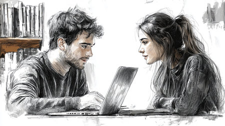 A man and woman engage in collaborative discussion in front of a laptop. The modern office setting highlights teamwork and innovation. Ideal for illustrating professional communication and project development.の素材