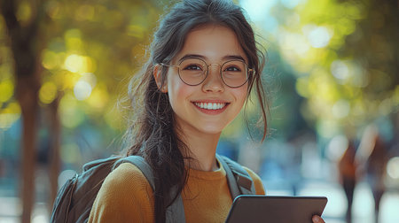 A smiling young woman with eyeglasses stands outdoors holding a tablet, embraced by a warm, sunny background. She radiates happiness and positivity, capturing a moment of genuine joy and contentment.の素材
