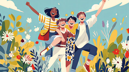 A cheerful group of friends enjoying each other's company in a vibrant field of flowers under a sunny sky, capturing youthful joy and friendship.の素材