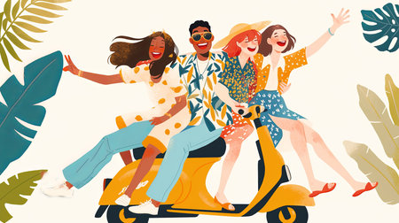 Four young friends ride a scooter, laughing and enjoying the outdoors in vibrant summer outfits, surrounded by tropical leaves, capturing the essence of fun and friendship.の素材
