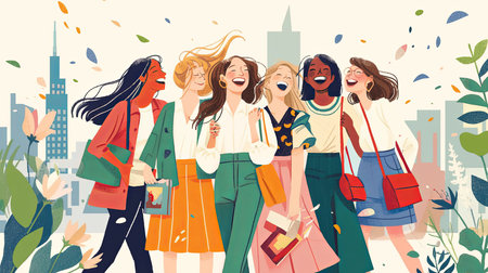 Illustration of a diverse group of female friends laughing together in an outdoor urban setting, surrounded by nature and cityscape. The scene exudes happiness and friendship.の素材
