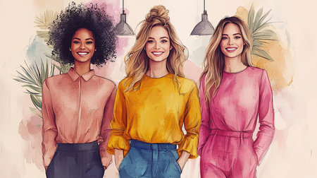 Three confident and cheerful businesswomen stand together, showcasing diversity and empowerment in a modern office environment. Vibrant colors and stylish outfits emphasize a sense of teamwork and success.の素材