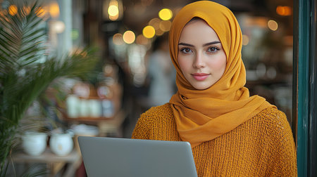 A woman wearing a vibrant hijab holds a laptop in a cozy cafの素材
