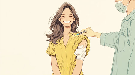 A young woman smiles warmly as she receives a vaccination from a healthcare professional. This image conveys themes of health, prevention, and positivity in a medical setting.の素材