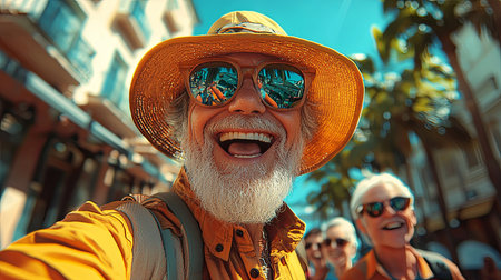 A group of cheerful senior friends happily taking a selfie on a sunny street, showcasing their adventurous spirit and the joy of friendship during a vacation.の素材