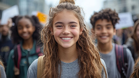A group of diverse teenagers with cheerful expressions, participating in a youth rally. They symbolize unity and express enthusiasm for social causes. The atmosphere reflects youth empowerment and diversity.の素材